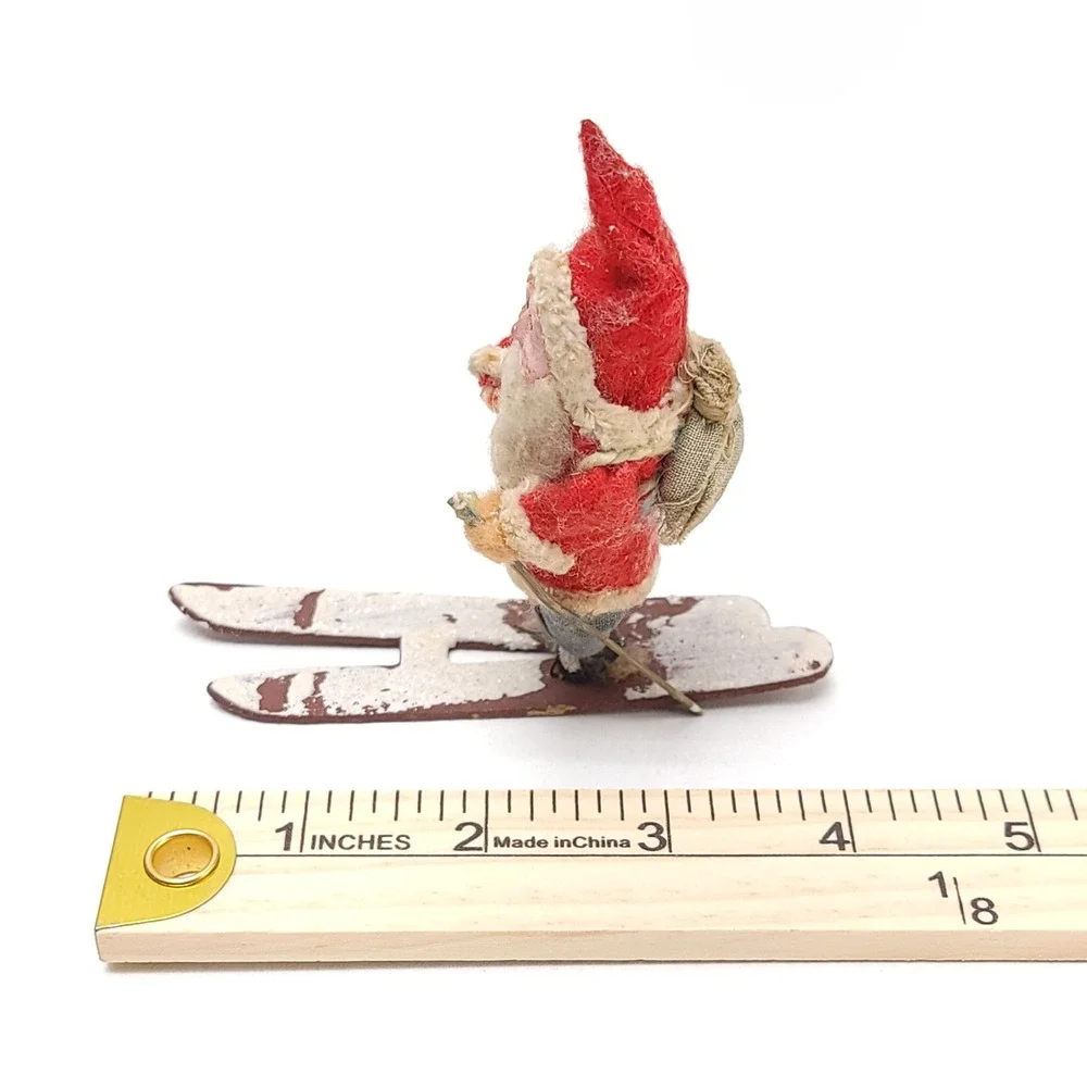 Vintage Miniature Skiing Santa Claus Figurine Felt Wood Mid Century Christmas 4